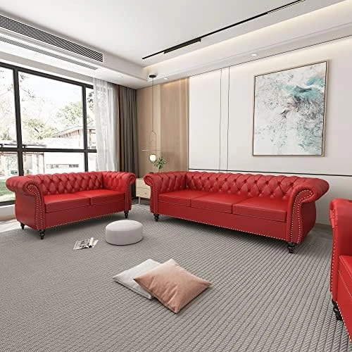 2 Piece Living Room Set, Velvet Chesterfield Sofa Loveseat Couch With Scroll Arms And Nailhead For Living Room, Office (Grey) 8 2 Piece Living Room Set, Velvet Chesterfield Sofa Loveseat Couch With Scroll Arms And Nailhead For Living Room, Office (Grey) - Image 8