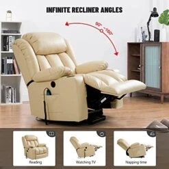LEISLAND Power Lift Chairs Recliners For Elderly, Breathable Leather Recliner Chairs With Massage And Heat, Lay Flat Sleeper Chair With Cup Holder,OKIN Motor,USB Charge Port, Remote Control(Beige) -Safavieh Furnitue Shop 51UoHAy6gWL