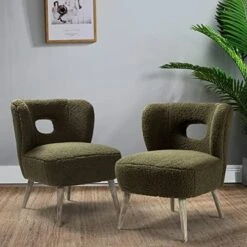 TINA'S HOME Modern Sherpa Accent Chair With Open Back & Wooden Legs, Upholstered Lamb Fleece Armless Slipper Chair, Comfy Faux Fur Cute Vanity Chair For Living Room Bedroom Office Makeup Room, Ivory -Safavieh Furnitue Shop 51V6CkjGknL. AC