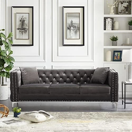2-Piece Black Velvet Upholstered Living Room Furniture Set, Including 3-Seater Sofa And Loveseat With Jeweled Buttons, Square Arm, Four Pillows Included For Living Room, Office 7 2-Piece Black Velvet Upholstered Living Room Furniture Set, Including 3-Seater Sofa And Loveseat With Jeweled Buttons, Square Arm, Four Pillows Included For Living Room, Office - Image 7