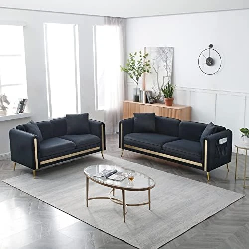 Homtique 77 Inch Upholstered Velvet Sofa Couch, Modern Sofa For Living Room With Side Pocket And 2 Pillows, Gold Metal Legs Decor Couches Furniture For Apartment/Office (Black) 8 Homtique 77 Inch Upholstered Velvet Sofa Couch, Modern Sofa For Living Room With Side Pocket And 2 Pillows, Gold Metal Legs Decor Couches Furniture For Apartment/Office (Black) - Image 8