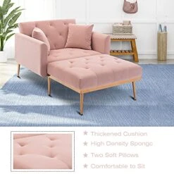 NOSGA Modern Tufted Velvet Sofa Chaise Lounge Indoor, Adjustable Backrest Lounge Sofa With Thick Padded, Convertible Reclining Chair With Rose Golden Metal Legs For Living Room Home Office(Pink)