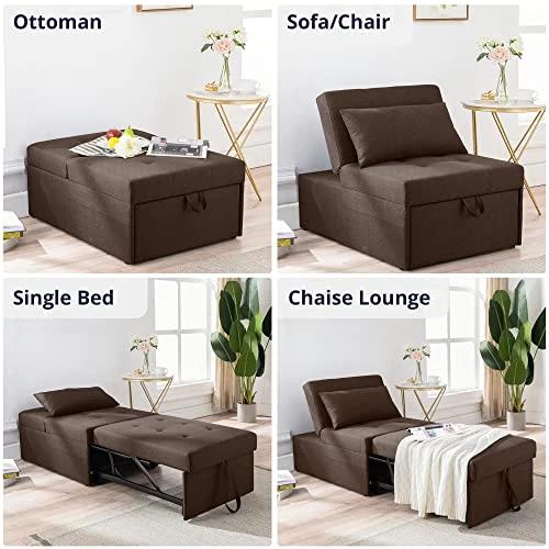 Cozy Castle Sleeper Chair, Convertible Chair Bed, 4 In 1 Ottoman Bed, Pullout Small Sofa Bed, Durable Linen Fabric Chaise Lounge, For Living Room, Brown 3 Cozy Castle Sleeper Chair, Convertible Chair Bed, 4 In 1 Ottoman Bed, Pullout Small Sofa Bed, Durable Linen Fabric Chaise Lounge, For Living Room, Brown - Image 3