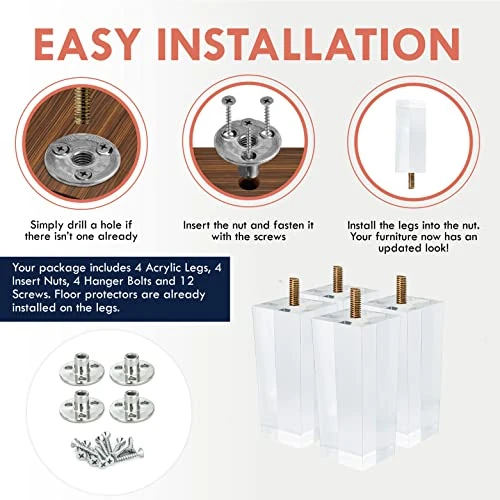 Ornavo Home Set Of 4 Square Mid-Century Modern 6 Inch Clear Acrylic Furniture Legs Replacement For Sofa, Couch, Armchair And Ottoman 5 Ornavo Home Set Of 4 Square Mid-Century Modern 6 Inch Clear Acrylic Furniture Legs Replacement For Sofa, Couch, Armchair And Ottoman - Image 5