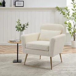 Mikibama Mid Century Modern Accent Chair Upholstered Reading Chair Armchair With Metal Legs And Throw Pillow Side Chair For Living Room Bedroom Office (Ivory,Teddy Fabric) -Safavieh Furnitue Shop 51Wkjo7E56L
