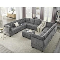 Melpomene 142'' U-Shape Chenille Sectional Sofa Couch，DIY Combination Includes 7 Single Chair 4 Corner And 1 Ottoman, Living Room Furniture Set For Villa & House,Grey
