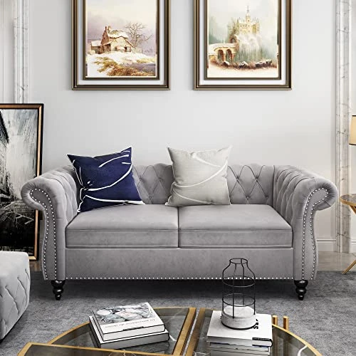 2 Piece Living Room Set, Velvet Chesterfield Sofa Loveseat Couch With Scroll Arms And Nailhead For Living Room, Office (Grey) 2 2 Piece Living Room Set, Velvet Chesterfield Sofa Loveseat Couch With Scroll Arms And Nailhead For Living Room, Office (Grey) - Image 2