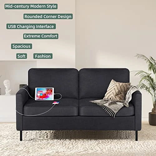 STHOUYN 56" W Fabric Loveseat Sofa With 2 USB, Small Couches For Living Room, Bedroom, Office, Easy Assembly & Comfy Cushion, Dark Grey 1 STHOUYN 56" W Fabric Loveseat Sofa With 2 USB, Small Couches For Living Room, Bedroom, Office, Easy Assembly & Comfy Cushion, Dark Grey