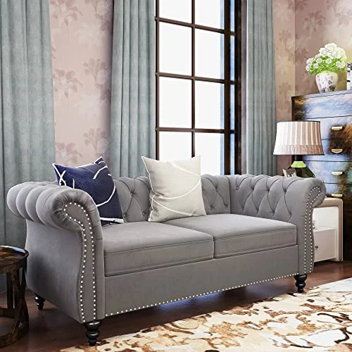 2 Piece Living Room Set, Velvet Chesterfield Sofa Loveseat Couch With Scroll Arms And Nailhead For Living Room, Office (Grey) 3 2 Piece Living Room Set, Velvet Chesterfield Sofa Loveseat Couch With Scroll Arms And Nailhead For Living Room, Office (Grey) - Image 3