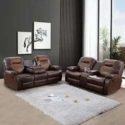 Nautery Leather Recliner Sofa,Living Room Furniture Set, Leather Sofa Set With Storage Console & Cup Holder For Office/Apartment(3 Pieces,Brown) -Safavieh Furnitue Shop 51ZoPW2HkKL. AC