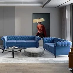 MIYZEAL 2 Pieces Living Room Sectional Sofa Set, Modern Velvet Button Tufted Chesterfield Sofa With Rolled Arm, Classic Upholstered Low Back Loveseat 3 Seater Couch For Living Room (Gray) -Safavieh Furnitue Shop 51ZvPGkG9zL. AC