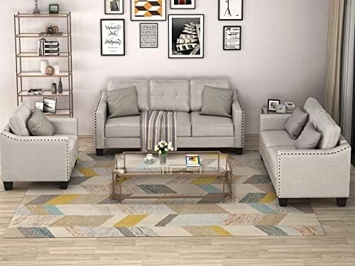 Harper & Bright Designs 3-Piece Living Room Storage Sofa Set With 3-Seat Couch, Loveseat And Single Armchair, Silver Nailhead Trim/Hidden Storage Space Under Seat/Classical Wooden Legs/Beige Fabric 7 Harper & Bright Designs 3-Piece Living Room Storage Sofa Set With 3-Seat Couch, Loveseat And Single Armchair, Silver Nailhead Trim/Hidden Storage Space Under Seat/Classical Wooden Legs/Beige Fabric - Image 7