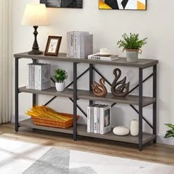 BON AUGURE Rustic Console Table Behind Sofa, Industrial Entryway Table With Storage Shelves, 3 Tier Long Bookshelf For Entry (55 Inch, Dark Grey Oak) -Safavieh Furnitue Shop 51atHKgAtFL