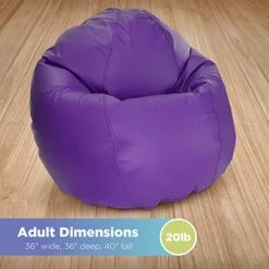 Bean Products Large Vinyl Bean Bag Chair | Filled W/Polystyrene Beads & CertiPUR Foam | Made In USA | 36”W, 36”L, 40”H | 20lb | Available In 2 Sizes | Perfect For Adults, Teens & Kids | Purple