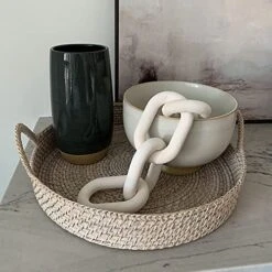 Hanlin Wood Chain Link Decor - Hand Carved Boho Decorative Chain, Farmhouse Decor, Sustainable Pine, Coffee Table Shelf For Home Living Room (White)