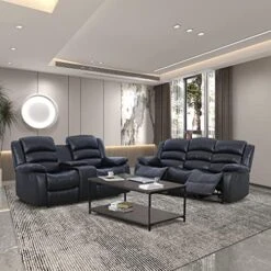 ANJ 2PC Bonded Leather Reclining Sofa Couch Set, Upholstered Recliner Sofa, Manual Recliners Furniture, Home Theater Seating For Living Room (Black, 1+3 Seat) -Safavieh Furnitue Shop 51bepbZ2ucL. AC