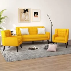 UIXE 3 Piece Indoor Comfy Sectional Sofa With Accent Chairs For Living Room, Linen Fabric Couch Modern Bedroom Loveseat 2-Seat Armchair For Home Apartment Small Space (Yellow)