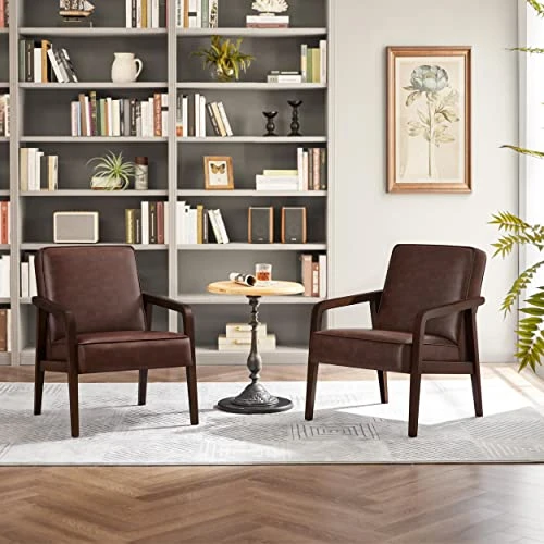 Yaheetech PU Leather Accent Chair, Mid-Century Modern Barrel Chair With Wooden Frame And Soft Thick Padded For Living Room Bedroom Home Office, Set Of 2, Dark Brown 3 Yaheetech PU Leather Accent Chair, Mid-Century Modern Barrel Chair With Wooden Frame And Soft Thick Padded For Living Room Bedroom Home Office, Set Of 2, Dark Brown - Image 3