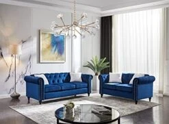 3-Piece Velvet Upholstered Living Room Furniture Set, Including 3-Seater Sofa, Loveseat And Single Sofa Chair With Button And Copper Nail On Arms And Back, Five White Villose Pillows Included, Blue -Safavieh Furnitue Shop 51dbyKRy8RL. AC