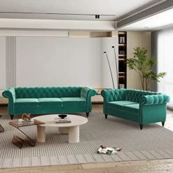 MIYZEAL 2 Pieces Living Room Sectional Sofa Set, Modern Velvet Button Tufted Chesterfield Sofa With Rolled Arm, Classic Upholstered Low Back Loveseat 3 Seater Couch For Living Room (Gray) -Safavieh Furnitue Shop 51dlSAjbjTL. AC