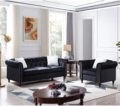 3-Piece Velvet Upholstered Living Room Furniture Set, Including 3-Seater Sofa, Loveseat And Single Sofa Chair With Button And Copper Nail On Arms And Back, Five White Villose Pillows Included, Blue -Safavieh Furnitue Shop 51eCd5WYYeL. AC