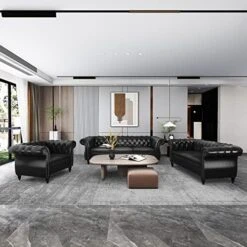 RARZOE 3 Pieces Living Room Furniture Sofa Sets,Modern Faux Leather Chesterfield Sofa&Chesterfield Club Chair&Chesterfield Loveseat Sofas Set With Nailhead Trim Scroll Arms For Living Room,Burgundy -Safavieh Furnitue Shop 51elkNAHbL. AC