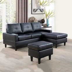 A Ainehome Convertible Sectional Sofa Couch, L Shaped Couch And Ottoman With Faux Leather Fabric Small Sectional Sofa Set For Living Room, Apartment(A-Black) -Safavieh Furnitue Shop 51giCfZBgpL. AC