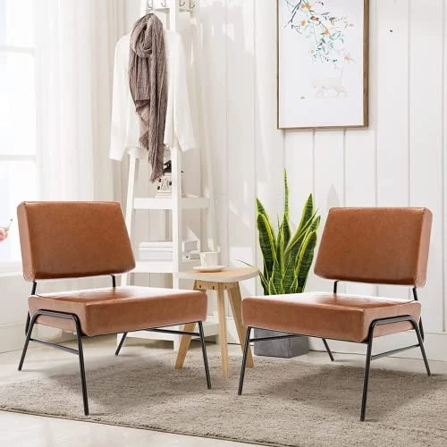 Recaceik Mid-Century Modern Leather Accent Chair, Upholstered PU Leather Chair, Lounge Living Room Chair With Metal Frame, Comfy Reading Armless Chair Home Furniture, Coffee 4 Recaceik Mid-Century Modern Leather Accent Chair, Upholstered PU Leather Chair, Lounge Living Room Chair With Metal Frame, Comfy Reading Armless Chair Home Furniture, Coffee - Image 4