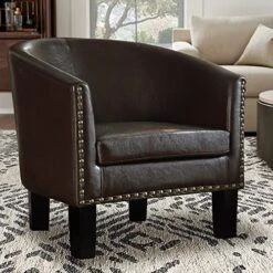 Rosevera Milo Duilio Club Style Barrel Armchair For Living Room, Faux Leather, Standard, Chestnut Brown