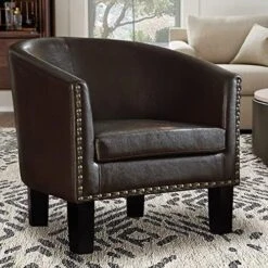 Rosevera Milo Duilio Club Style Barrel Armchair For Living Room, Faux Leather, Standard, Chestnut Brown -Safavieh Furnitue Shop 51jTMtV7NhL. AC