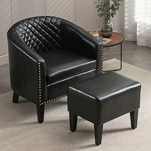 SSLine Modern White Leather Upholstered Accent Arm Chair Soft Barrel Club Chairs For Living Room Comfy Single Sofa Office Guest Chatting Chair With Solid Wood Legs And Nailhead For Bedroom (White) 15 SSLine Modern White Leather Upholstered Accent Arm Chair Soft Barrel Club Chairs For Living Room Comfy Single Sofa Office Guest Chatting Chair With Solid Wood Legs And Nailhead For Bedroom (White) - Image 15