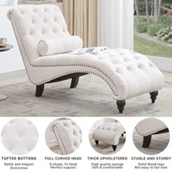 Iroomy Button-Tufted Chaise Lounge Indoor With Solid Wood Legs & Support Pillow, Upholstered Chaise Lounge Chair For Bedroom Living Room Office, Armless Rolled Backrest Leisure Sofa Recliner(Beige) -Safavieh Furnitue Shop 51kSlJejPXL