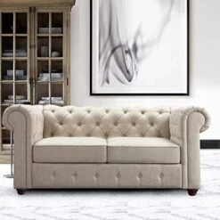 Rosevera Grier Polyester Upholstered Button Tufting Lounge Sofa Chair For Indoor Bedroom, Standard, Linen Beige Chaise -Safavieh Furnitue Shop 51kuAvbmkQL. AC