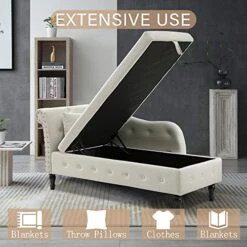 Homtique 60" Velvet Storage Chaise Lounge Indoor Button Tufted With Pillow, Nailhead Decorate Rolled Arm Chaise Lounge For Bedroom Living Room (Beige, With Storage) -Safavieh Furnitue Shop 51lClpiR8gL