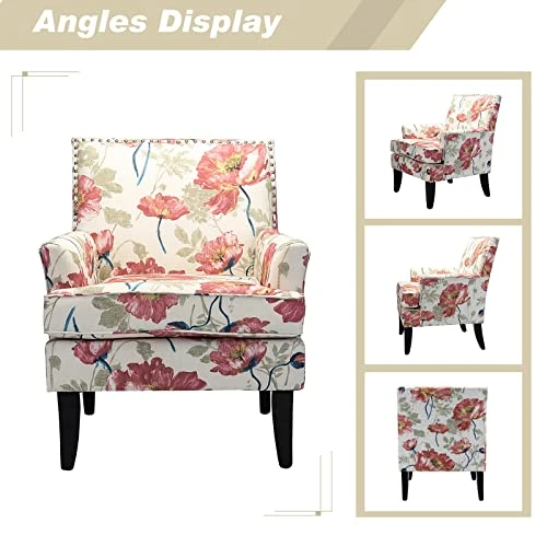 HULALA HOME Modern Accent Chair With Arms And Wooden Legs, Mid Century Accent Chair Armchair High Back Rest, Padded Armrest And Comfortable Cushioned Seat For Living Room (Red Yellow Floral) 4 HULALA HOME Modern Accent Chair With Arms And Wooden Legs, Mid Century Accent Chair Armchair High Back Rest, Padded Armrest And Comfortable Cushioned Seat For Living Room (Red Yellow Floral) - Image 4