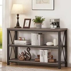BON AUGURE Industrial Sofa Console Table For Entryway, 3 Tier Foyer Table For Hallway, Rustic Hall Tables Behind Couch (47 Inch, Rustic Brown) -Safavieh Furnitue Shop 51lu L2ksWL. AC
