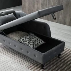 LUCKHAO Chaise Lounge Indoor,Velvet Lounge Chair For Bedroom With Storage & Pillow,Modern Upholstered Rolled Arm Chase Lounge For Sleeping With Nailhead Trim For Living Room Bedroom Office(Grey) -Safavieh Furnitue Shop 51mpfysTPFL