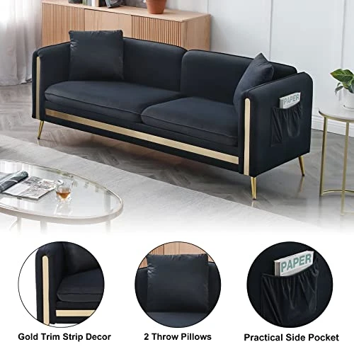 Homtique 77 Inch Upholstered Velvet Sofa Couch, Modern Sofa For Living Room With Side Pocket And 2 Pillows, Gold Metal Legs Decor Couches Furniture For Apartment/Office (Black) 2 Homtique 77 Inch Upholstered Velvet Sofa Couch, Modern Sofa For Living Room With Side Pocket And 2 Pillows, Gold Metal Legs Decor Couches Furniture For Apartment/Office (Black) - Image 2