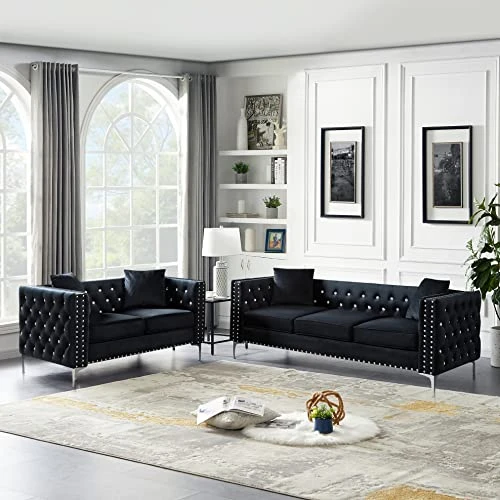 2-Piece Black Velvet Upholstered Living Room Furniture Set, Including 3-Seater Sofa And Loveseat With Jeweled Buttons, Square Arm, Four Pillows Included For Living Room, Office 1 2-Piece Black Velvet Upholstered Living Room Furniture Set, Including 3-Seater Sofa And Loveseat With Jeweled Buttons, Square Arm, Four Pillows Included For Living Room, Office