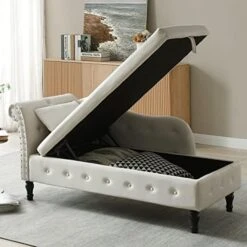 LUCKHAO Chaise Lounge Indoor,Velvet Lounge Chair For Bedroom With Storage & Pillow,Modern Upholstered Rolled Arm Chase Lounge For Sleeping With Nailhead Trim For Living Room Bedroom Office(Grey) -Safavieh Furnitue Shop 51o9JNwIu8L. AC