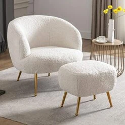 DUOMAY Modern Accent Chair With Ottoman, Sherpa Upholstered Barrel Chair With Footrest, Comfy Lounge Chair Single Sofa Armchair Club Chair For Living Room Bedroom Office, White