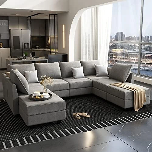 HONBAY Convertible Modular Sectional Sofa With Ottomans Polyester Fabric Sleeper Sectional Couch With Chaise And Storage 6 Seat Sectional Sofa For Living Room, Grey 6 HONBAY Convertible Modular Sectional Sofa With Ottomans Polyester Fabric Sleeper Sectional Couch With Chaise And Storage 6 Seat Sectional Sofa For Living Room, Grey - Image 6