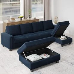 Belffin Velvet Convertible 4-Seat Sectional Sofa With Reversible Chaise L Shaped Sofa Couch Furniture Sets Sectional Couch With Storage Ottoman Blue -Safavieh Furnitue Shop 51p2n1VSYbL