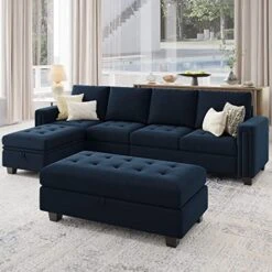 Belffin Velvet Convertible 4-Seat Sectional Sofa With Reversible Chaise L Shaped Sofa Couch Furniture Sets Sectional Couch With Storage Ottoman Blue -Safavieh Furnitue Shop 51pFRCEELZL