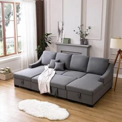 Merax L Shaped Sectional Sofa Couch Sleeper Bed With Storage Ottoman And Chaise For Living Room, Small Apartment Love Seats, Beige_Linen -Safavieh Furnitue Shop 51pkTmGibTL. AC