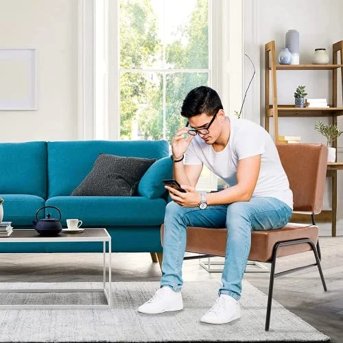 Recaceik Mid-Century Modern Leather Accent Chair, Upholstered PU Leather Chair, Lounge Living Room Chair With Metal Frame, Comfy Reading Armless Chair Home Furniture, Coffee 3 Recaceik Mid-Century Modern Leather Accent Chair, Upholstered PU Leather Chair, Lounge Living Room Chair With Metal Frame, Comfy Reading Armless Chair Home Furniture, Coffee - Image 3