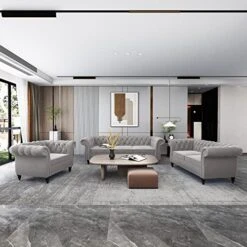 RARZOE 3 Pieces Of Living Room Furniture Sofa Sets, Modern Velvet Chesterfield Sofa&Chesterfield Club Chair&Chesterfield Loveseat Sofas Set With Nailhead Trim Scroll Arms For Living Room(Grey)