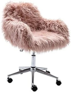 KCC Fluffy Office Desk Chair, Faux Fur Modern Swivel Armchair With Wheels, Soft Comfy Fuzzy Elegant Accent Makeup Vanity Chairs For Women Girls, Home Living Dressing Room Bedroom, Black -Safavieh Furnitue Shop 51slM1p9upL. AC