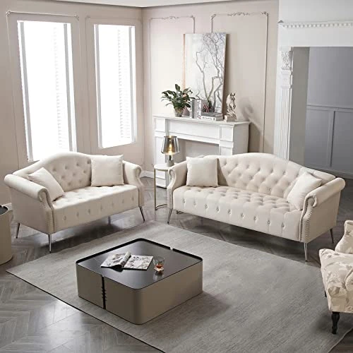 Homtique Sofa Set For Living Room 2 Piece, Modern Velvet Loveseat Sofa Set Upholstered Button Tufted Nailhead Trimming Rolled Arm And Metal Legs, Velvet Sofa Couch With 4 Pillows For Home (Beige) 1 Homtique Sofa Set For Living Room 2 Piece, Modern Velvet Loveseat Sofa Set Upholstered Button Tufted Nailhead Trimming Rolled Arm And Metal Legs, Velvet Sofa Couch With 4 Pillows For Home (Beige)