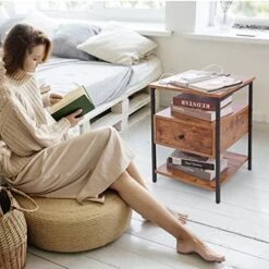 Living Room End Table With Charging Station For Small Space, Sofa Couch Bedside Nightstand With USB Ports & Outlets, Slim Storage Side Table With Drawer Shelf For Bedroom, Rustic Brown -Safavieh Furnitue Shop 51t1oE2xNeL